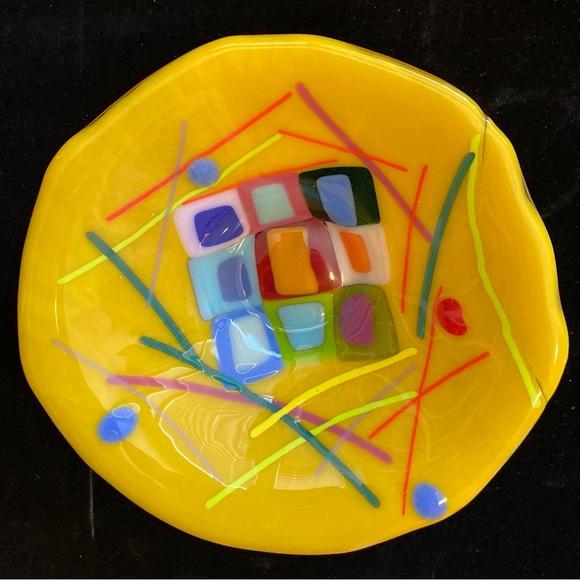 “Midsummer “Fused Art Glass  Handmade 7”x3” Bowl Canary Yellow Background - Picture 1 of 15